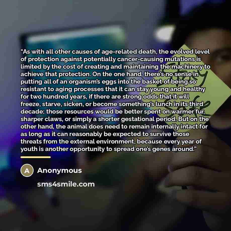 “As with all other causes of age-related death, the evolved level of protection against potentially cancer-causing mutations is limited by the cost of creating and maintaining the machinery to achieve that protection. On the one hand, there’s no sense in putting all of an organism’s eggs into the…” quote by Anonymous