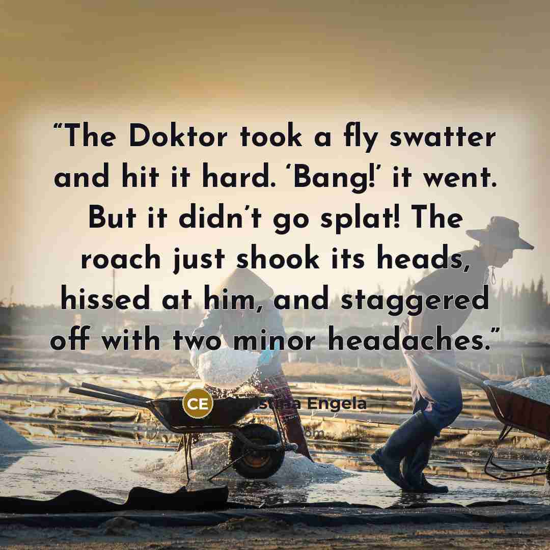 “The Doktor took a fly swatter and hit it hard. ‘Bang!’ it went. But it didn’t go splat! The roach just shook its heads, hissed at him, and staggered off with two minor headaches.” quote by Christina Engela