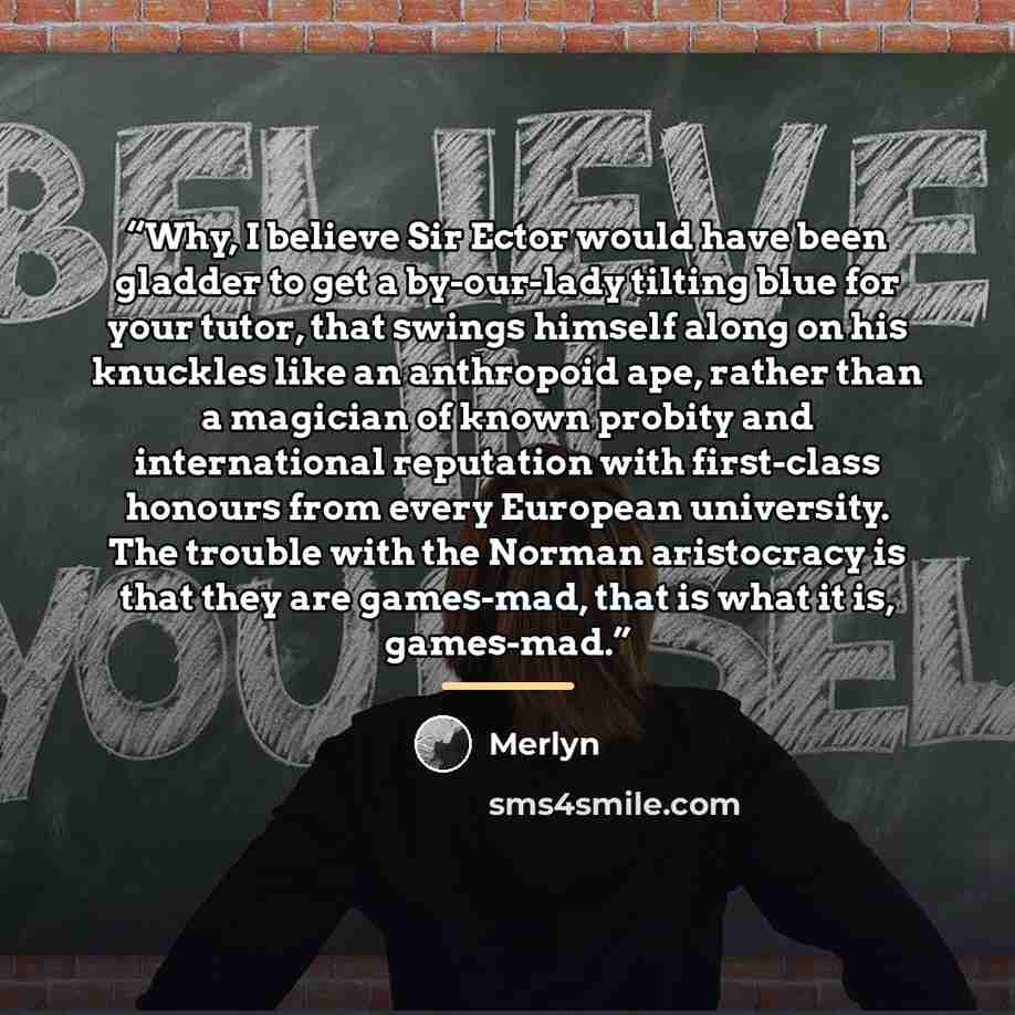 “Why, I believe Sir Ector would have been gladder to get a by-our-lady tilting blue for your tutor, that swings himself along on his knuckles like an anthropoid ape, rather than a magician of known probity and international reputation with first-class honours from every European university. The…” quote by Merlyn