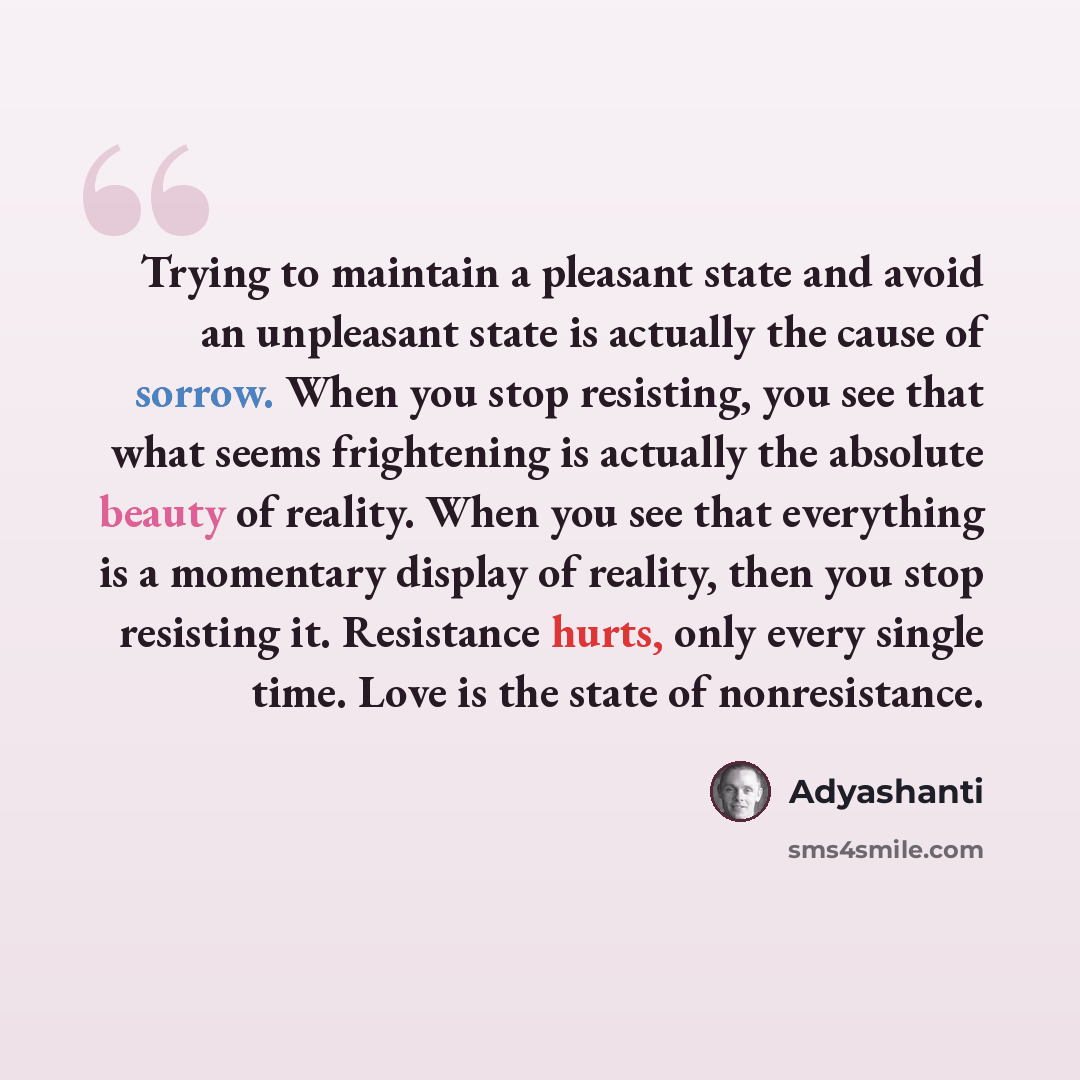 “Trying to maintain a pleasant state and avoid an unpleasant state is actually the cause of sorrow. When you stop resisting, you see that what seems frightening is actually the absolute beauty of reality. When you see that everything is a momentary display of reality, then you stop resisting it…” quote by Adyashanti