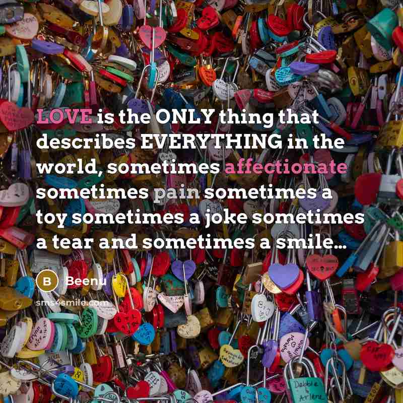 “LOVE is the ONLY thing that describes EVERYTHING in the world, sometimes affectionate sometimes pain sometimes a toy sometimes a joke sometimes a tear and sometimes a smile…” quote by Beenu