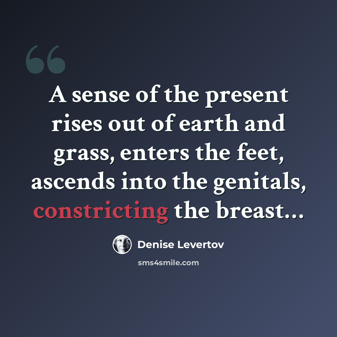 “A sense of the present rises out of earth and grass, enters the feet, ascends into the genitals, constricting the breast…” quote by Denise Levertov