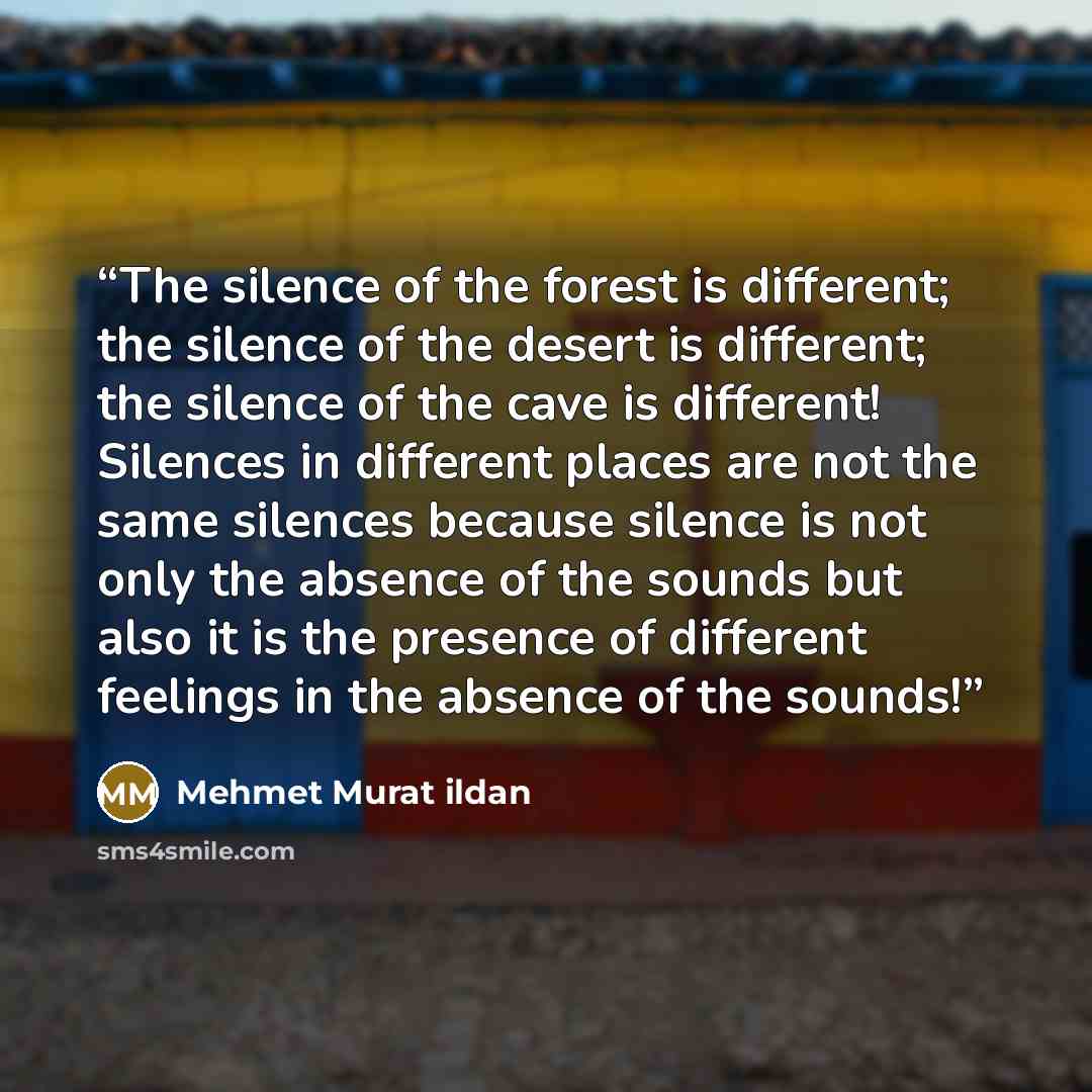 “The silence of the forest is different; the silence of the desert is different; the silence of the cave is different! Silences in different places are not the same silences because silence is not only the absence of the sounds but also it is the presence of different feelings in the absence of the…” quote by Mehmet Murat ildan