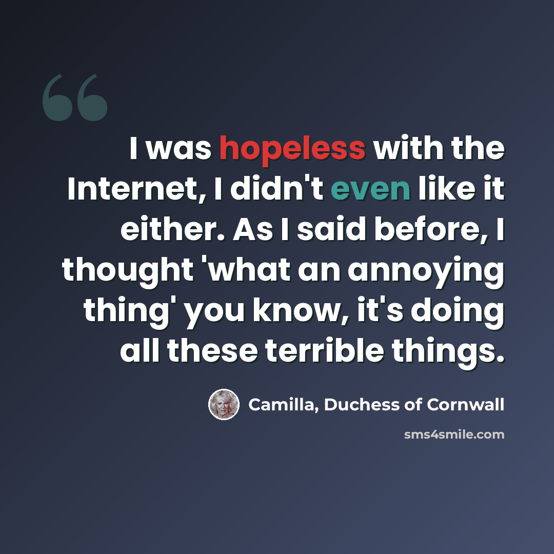 “I was hopeless with the Internet, I didn't even like it either. As I said before, I thought 'what an annoying thing' you know, it's doing all these terrible things.” quote by Camilla, Duchess of Cornwall