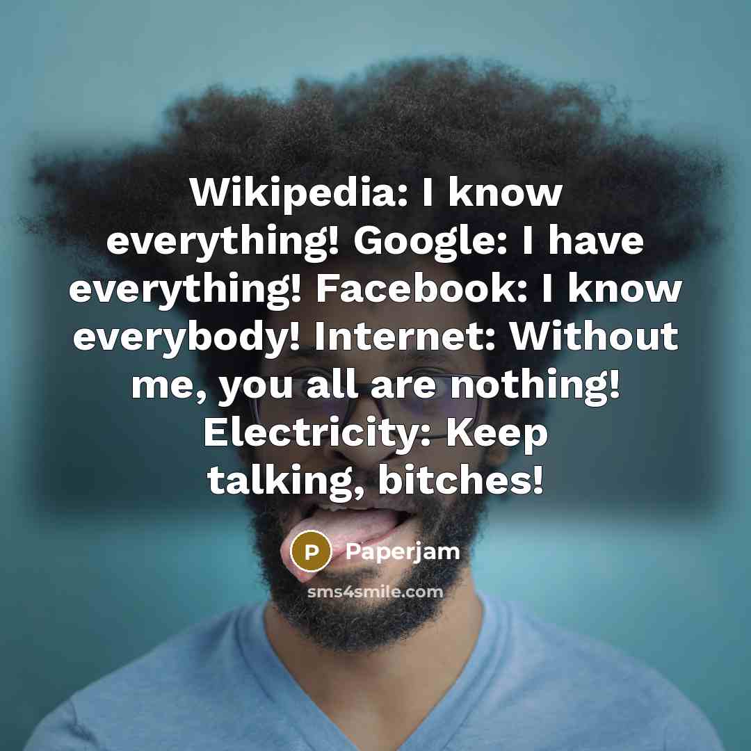 “Wikipedia: I know everything! Google: I have everything! Facebook: I know everybody! Internet: Without me, you all are nothing! Electricity: Keep talking, bitches!” quote by Paperjam