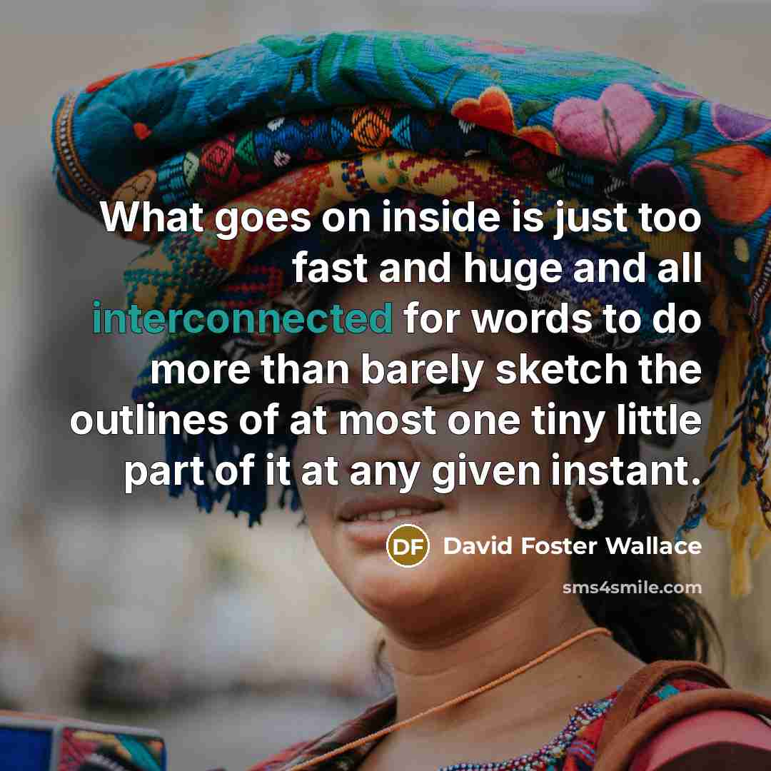 “What goes on inside is just too fast and huge and all interconnected for words to do more than barely sketch the outlines of at most one tiny little part of it at any given instant.” quote by David Foster Wallace