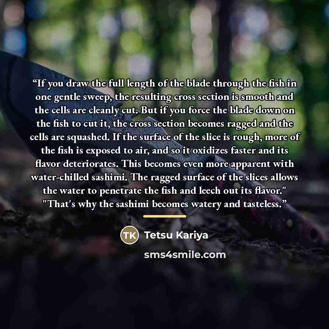 “If you draw the full length of the blade through the fish in one gentle sweep, the resulting cross section is smooth and the cells are cleanly cut. But if you force the blade down on the fish to cut it, the cross section becomes ragged and the cells are squashed. If the surface of the slice is…” quote by Tetsu Kariya