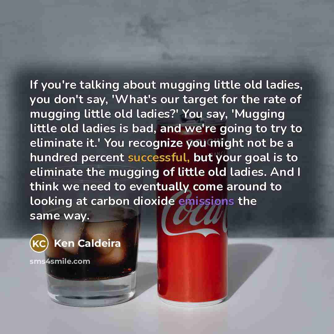 “If you're talking about mugging little old ladies, you don't say, 'What's our target for the rate of mugging little old ladies?' You say, 'Mugging little old ladies is bad, and we're going to try to eliminate it.' You recognize you might not be a hundred percent successful, but your goal is to…” quote by Ken Caldeira