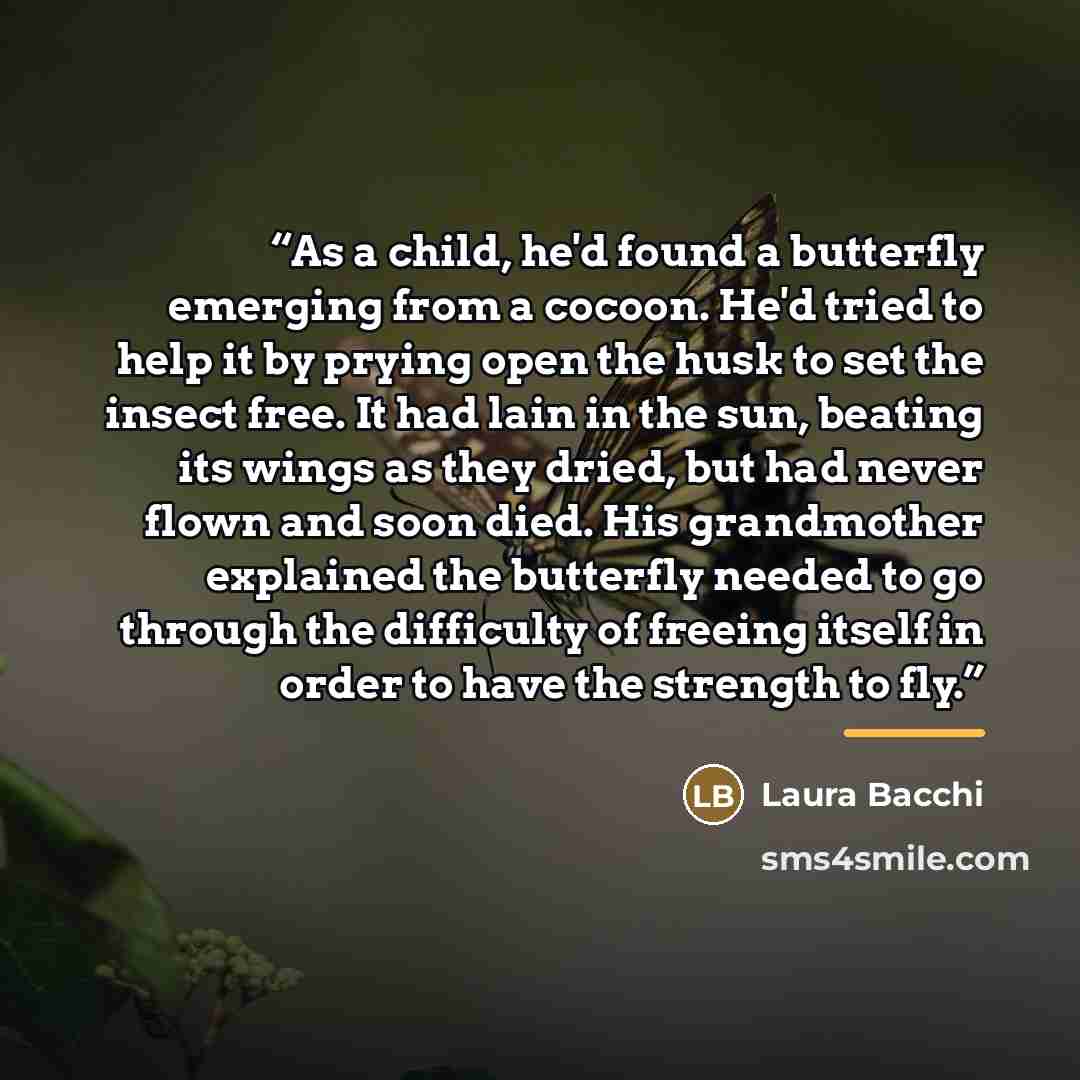 “As a child, he'd found a butterfly emerging from a cocoon. He'd tried to help it by prying open the husk to set the insect free. It had lain in the sun, beating its wings as they dried, but had never flown and soon died. His grandmother explained the butterfly needed to go through the difficulty…” quote by Laura Bacchi