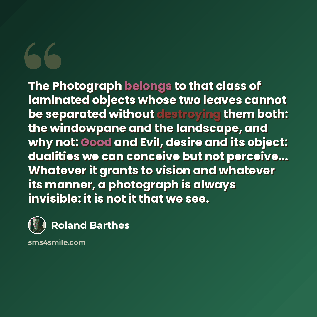 “The Photograph belongs to that class of laminated objects whose two leaves cannot be separated without destroying them both: the windowpane and the landscape, and why not: Good and Evil, desire and its object: dualities we can conceive but not perceive... Whatever it grants to vision and whatever…” quote by Roland Barthes
