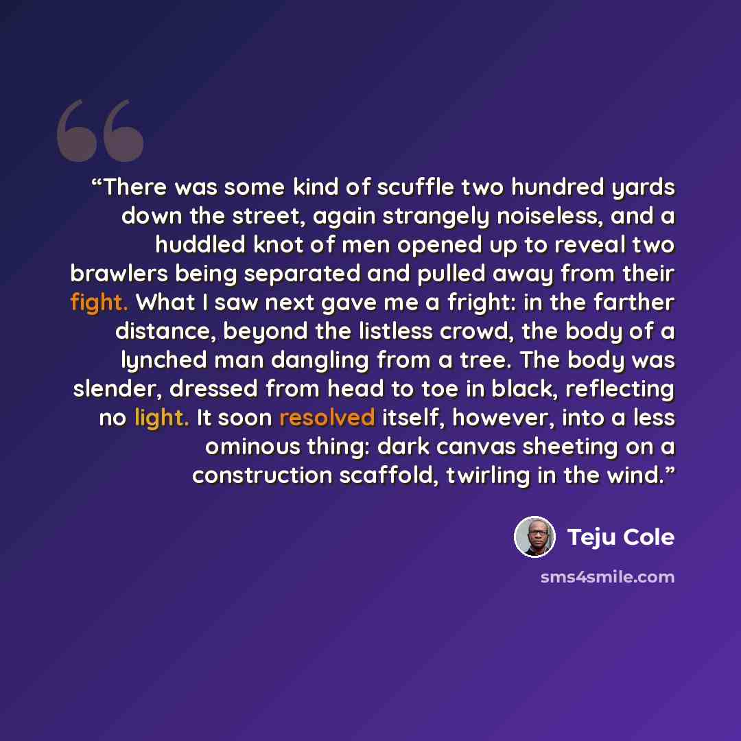 “There was some kind of scuffle two hundred yards down the street, again strangely noiseless, and a huddled knot of men opened up to reveal two brawlers being separated and pulled away from their fight. What I saw next gave me a fright: in the farther distance, beyond the listless crowd, the body…” quote by Teju Cole