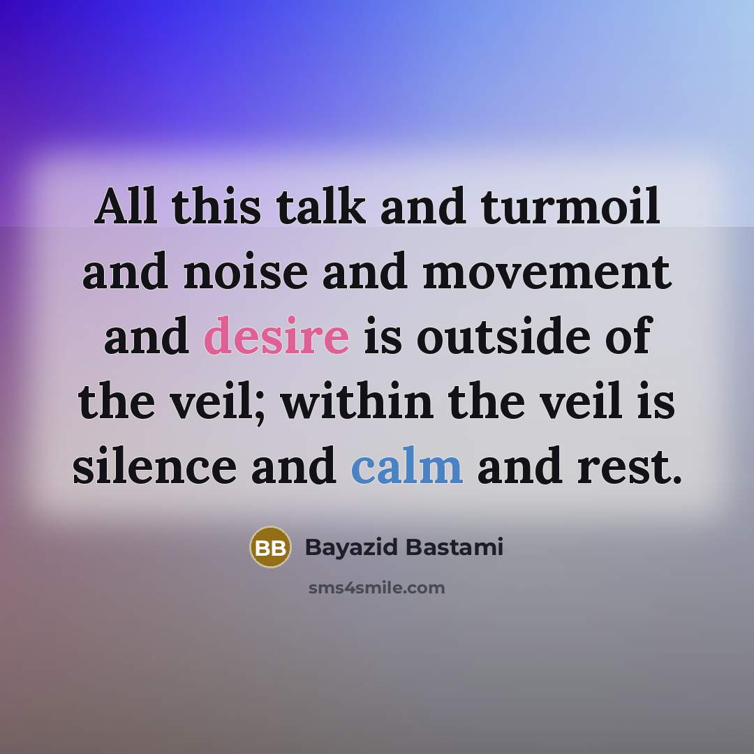 “All this talk and turmoil and noise and movement and desire is outside of the veil; within the veil is silence and calm and rest.” quote by Bayazid Bastami