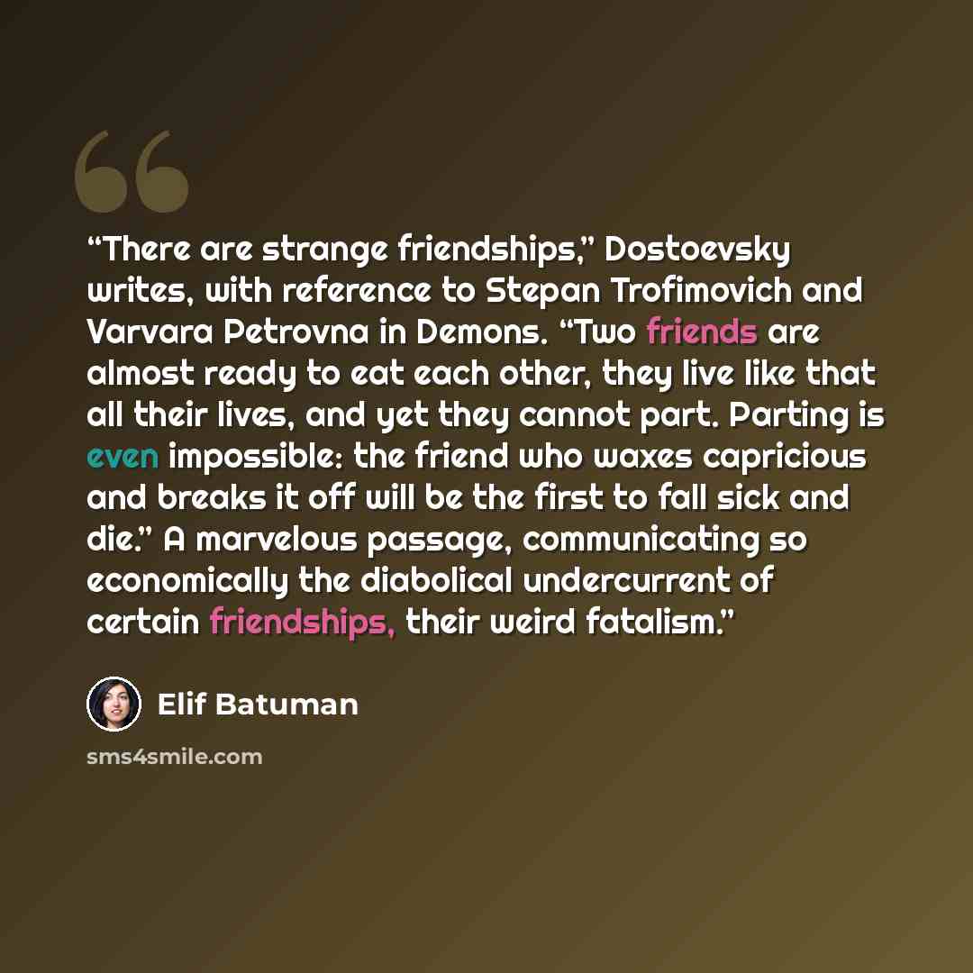 “There are strange friendships,” Dostoevsky writes, with reference to Stepan Trofimovich and Varvara Petrovna in Demons. “Two friends are almost ready to eat each other, they live like that all their lives, and yet they cannot part. Parting is even impossible: the friend who waxes capricious and…” quote by Elif Batuman