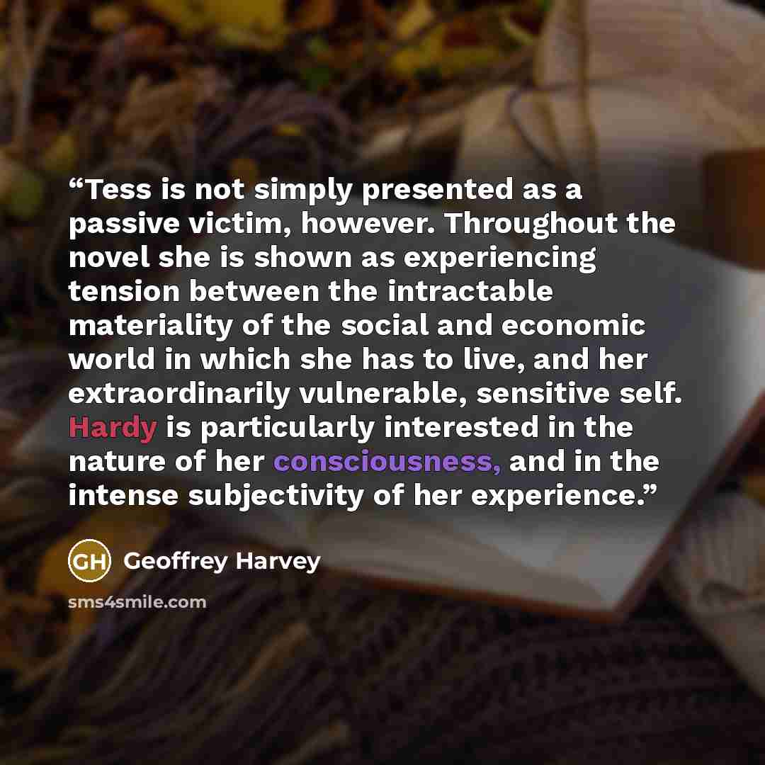 “Tess is not simply presented as a passive victim, however. Throughout the novel she is shown as experiencing tension between the intractable materiality of the social and economic world in which she has to live, and her extraordinarily vulnerable, sensitive self. Hardy is particularly interested…” quote by Geoffrey Harvey