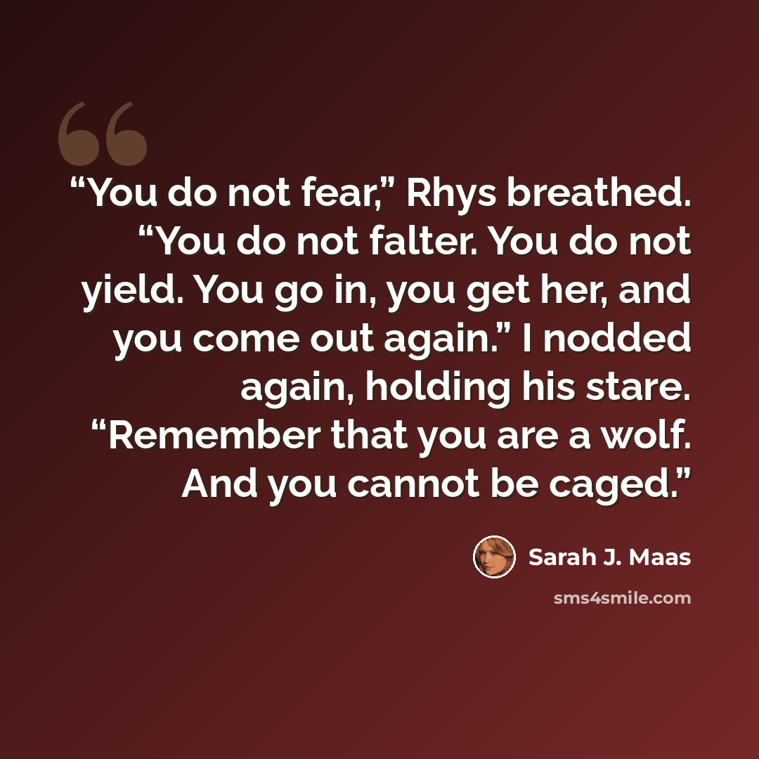“You do not fear,” Rhys breathed. “You do not falter. You do not yield. You go in, you get her, and you come out again.” I nodded again, holding his stare. “Remember that you are a wolf. And you cannot be caged.” quote by Sarah J. Maas