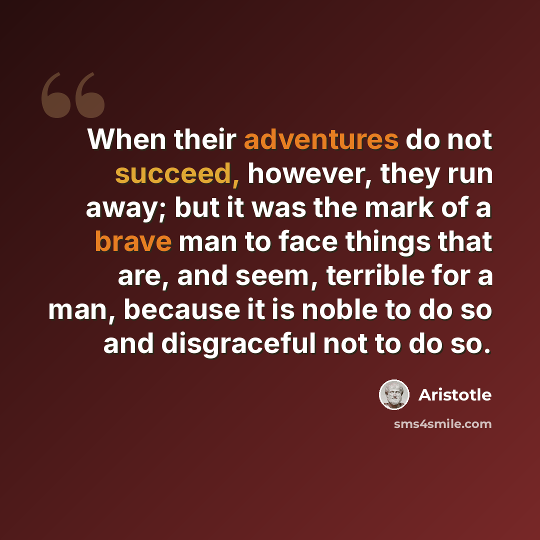 “When their adventures do not succeed, however, they run away; but it was the mark of a brave man to face things that are, and seem, terrible for a man, because it is noble to do so and disgraceful not to do so.” quote by Aristotle