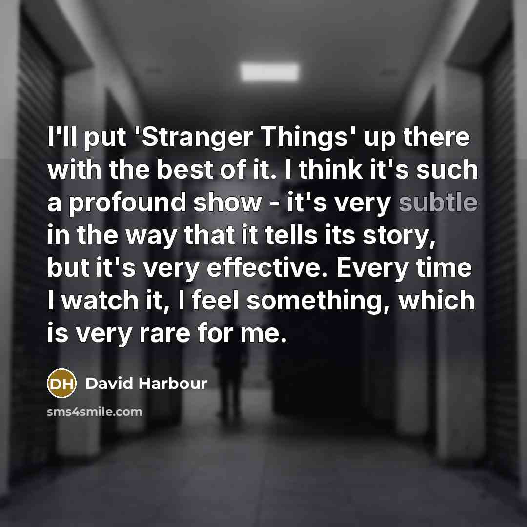 “I'll put 'Stranger Things' up there with the best of it. I think it's such a profound show - it's very subtle in the way that it tells its story, but it's very effective. Every time I watch it, I feel something, which is very rare for me.” quote by David Harbour