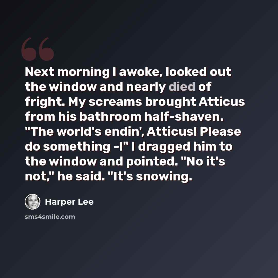 “Next morning I awoke, looked out the window and nearly died of fright. My screams brought Atticus from his bathroom half-shaven. "The world's endin', Atticus! Please do something -!" I dragged him to the window and pointed. "No it's not," he said. "It's snowing.” quote by Harper Lee