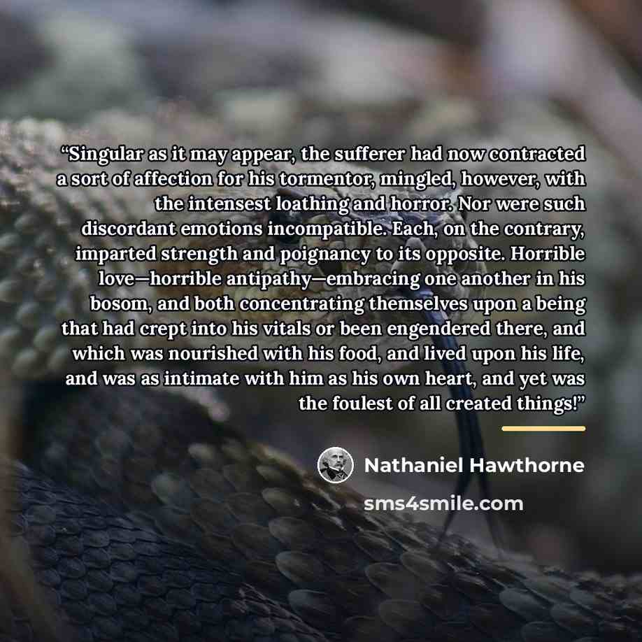“Singular as it may appear, the sufferer had now contracted a sort of affection for his tormentor, mingled, however, with the intensest loathing and horror. Nor were such discordant emotions incompatible. Each, on the contrary, imparted strength and poignancy to its opposite. Horrible love—horrible…” quote by Nathaniel Hawthorne