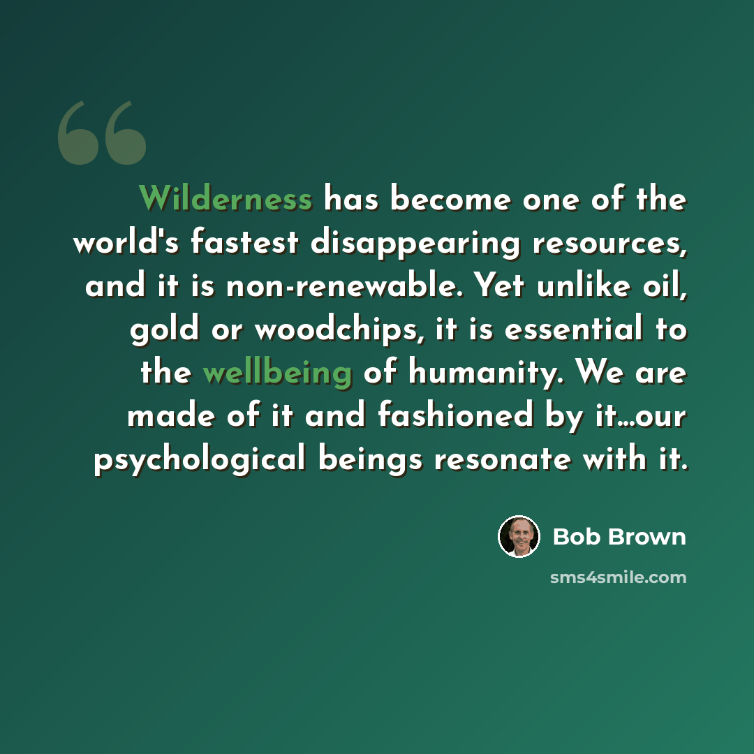“Wilderness has become one of the world's fastest disappearing resources, and it is non-renewable. Yet unlike oil, gold or woodchips, it is essential to the wellbeing of humanity. We are made of it and fashioned by it...our psychological beings resonate with it.” quote by Bob Brown