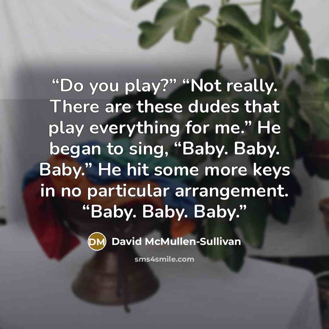 “Do you play?” “Not really. There are these dudes that play everything for me.” He began to sing, “Baby. Baby. Baby.” He hit some more keys in no particular arrangement. “Baby. Baby. Baby.” quote by David McMullen-Sullivan