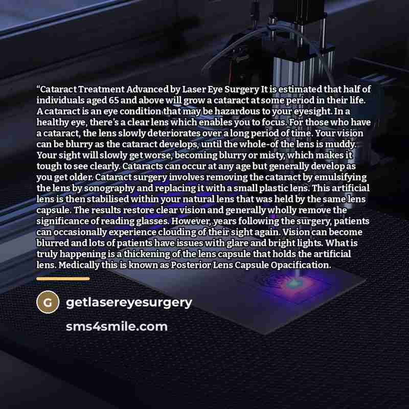 ““Cataract Treatment Advanced by Laser Eye Surgery It is estimated that half of individuals aged 65 and above will grow a cataract at some period in their life. A cataract is an eye condition that may be hazardous to your eyesight. In a healthy eye, there's a clear lens which enables you to focus…” quote by Getlasereyesurgery
