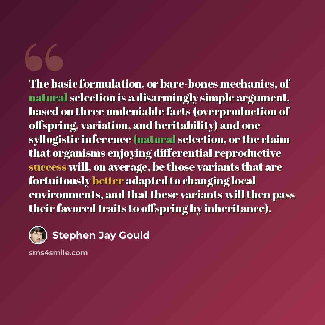 “The basic formulation, or bare-bones mechanics, of natural selection is a disarmingly simple argument, based on three undeniable facts (overproduction of offspring, variation, and heritability) and one syllogistic inference (natural selection, or the claim that organisms enjoying differential…” quote by Stephen Jay Gould
