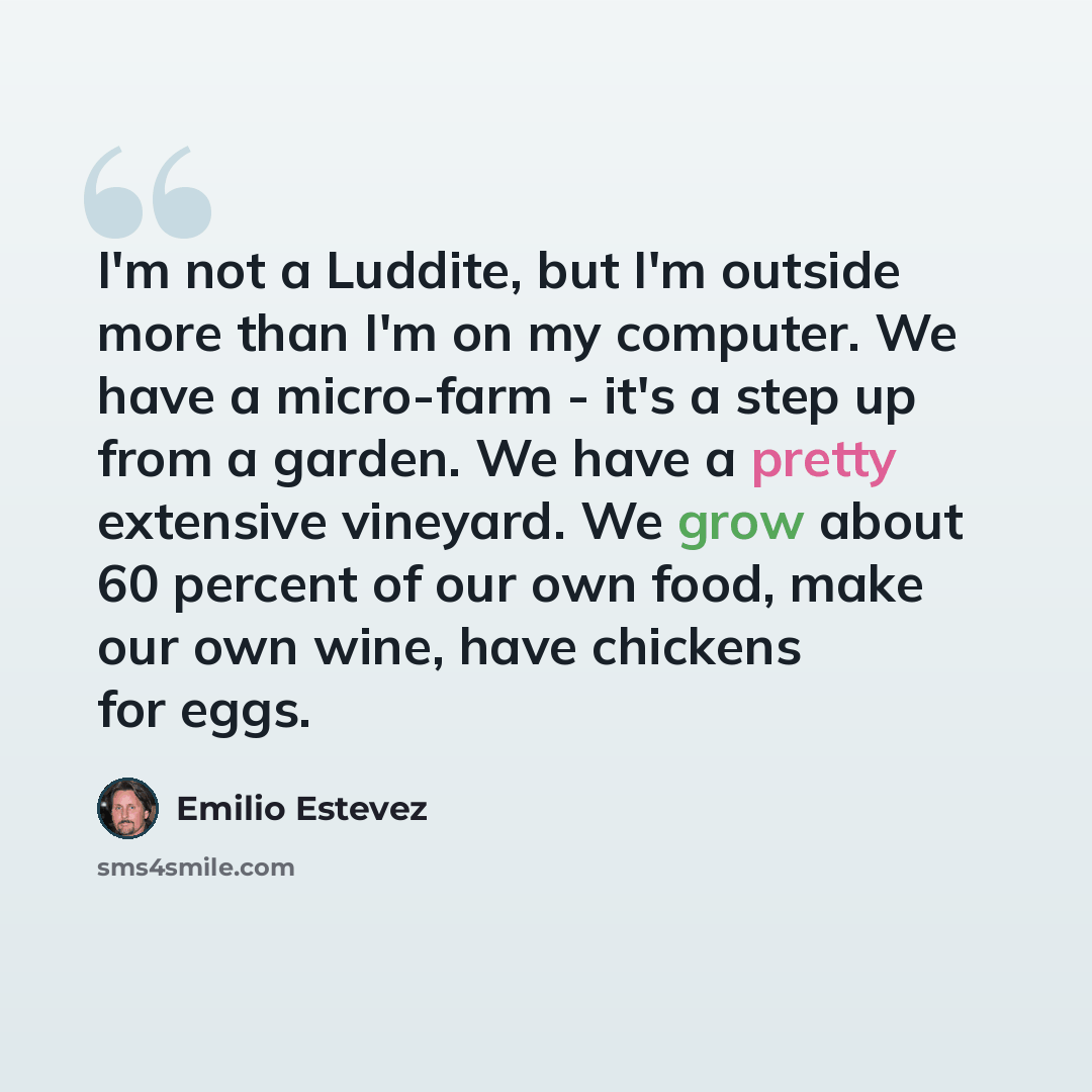 “I'm not a Luddite, but I'm outside more than I'm on my computer. We have a micro-farm - it's a step up from a garden. We have a pretty extensive vineyard. We grow about 60 percent of our own food, make our own wine, have chickens for eggs.” quote by Emilio Estevez