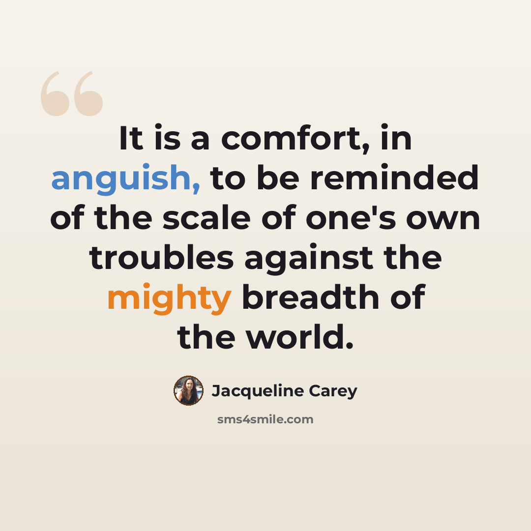 “It is a comfort, in anguish, to be reminded of the scale of one's own troubles against the mighty breadth of the world.” quote by Jacqueline Carey