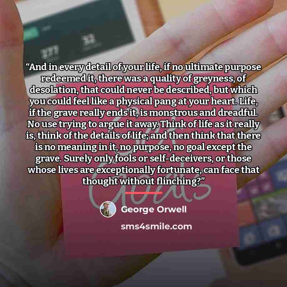 “And in every detail of your life, if no ultimate purpose redeemed it, there was a quality of greyness, of desolation, that could never be described, but which you could feel like a physical pang at your heart. Life, if the grave really ends it, is monstrous and dreadful. No use trying to argue it…” quote by George Orwell