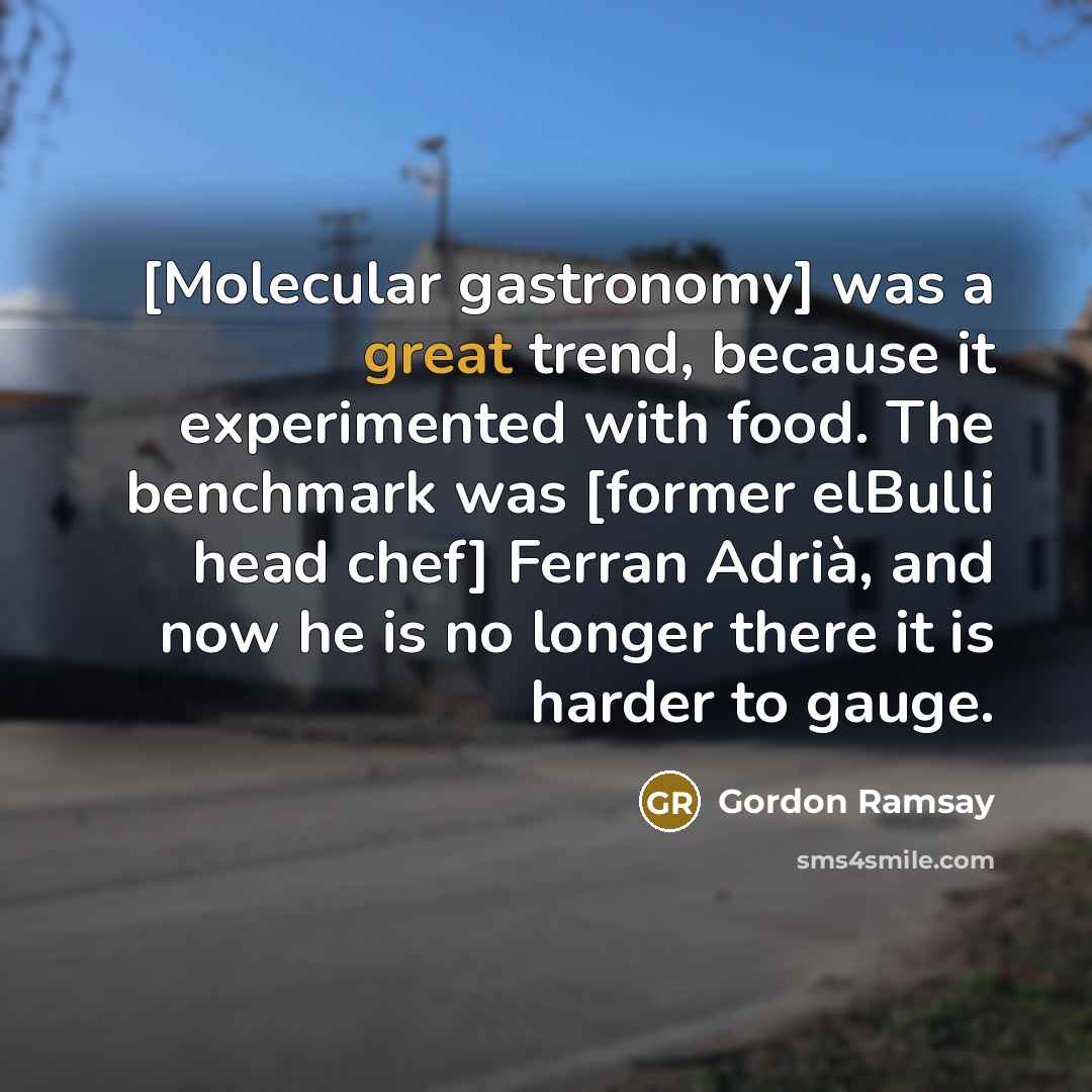“[Molecular gastronomy] was a great trend, because it experimented with food. The benchmark was [former elBulli head chef] Ferran Adrià, and now he is no longer there it is harder to gauge.” quote by Gordon Ramsay