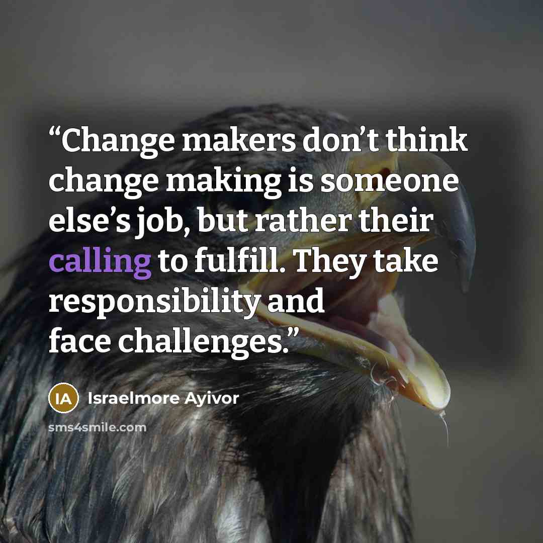 “Change makers don’t think change making is someone else’s job, but rather their calling to fulfill. They take responsibility and face challenges.” quote by Israelmore Ayivor