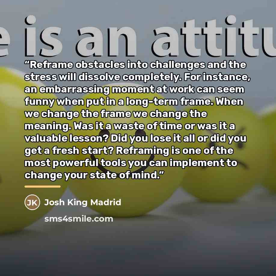 “Reframe obstacles into challenges and the stress will dissolve completely. For instance, an embarrassing moment at work can seem funny when put in a long-term frame. When we change the frame we change the meaning. Was it a waste of time or was it a valuable lesson? Did you lose it all or did you…” quote by Josh King Madrid