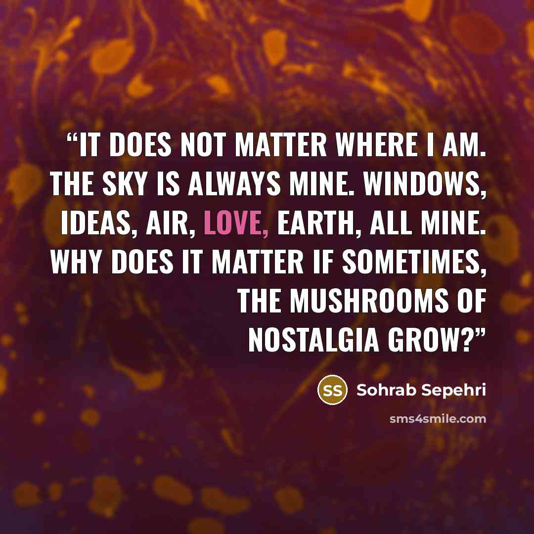 “It does not matter where I am. The sky is always mine. Windows, ideas, air, love, earth, all mine. Why does it matter if sometimes, the mushrooms of nostalgia grow?” quote by Sohrab Sepehri