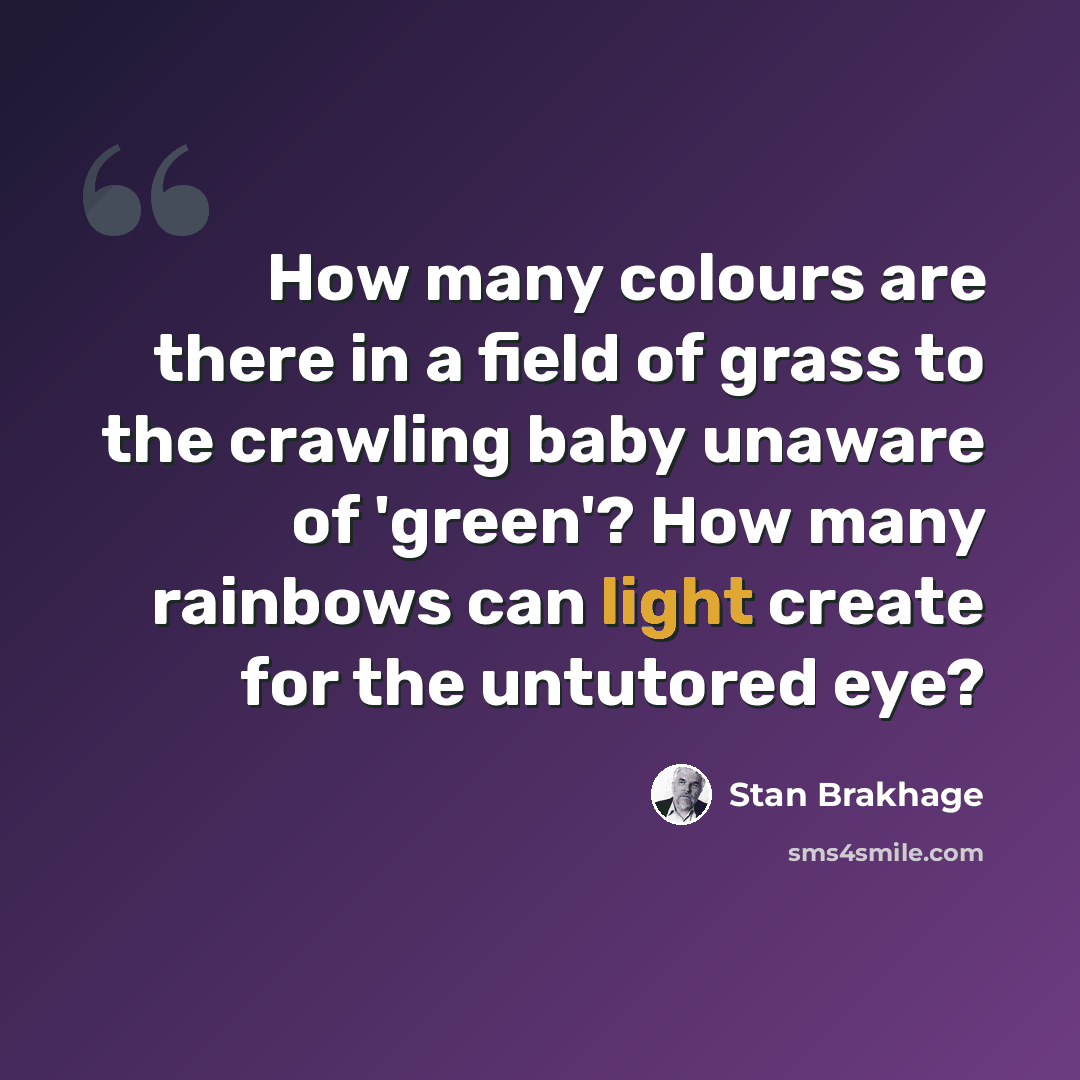 “How many colours are there in a field of grass to the crawling baby unaware of 'green'? How many rainbows can light create for the untutored eye?” quote by Stan Brakhage