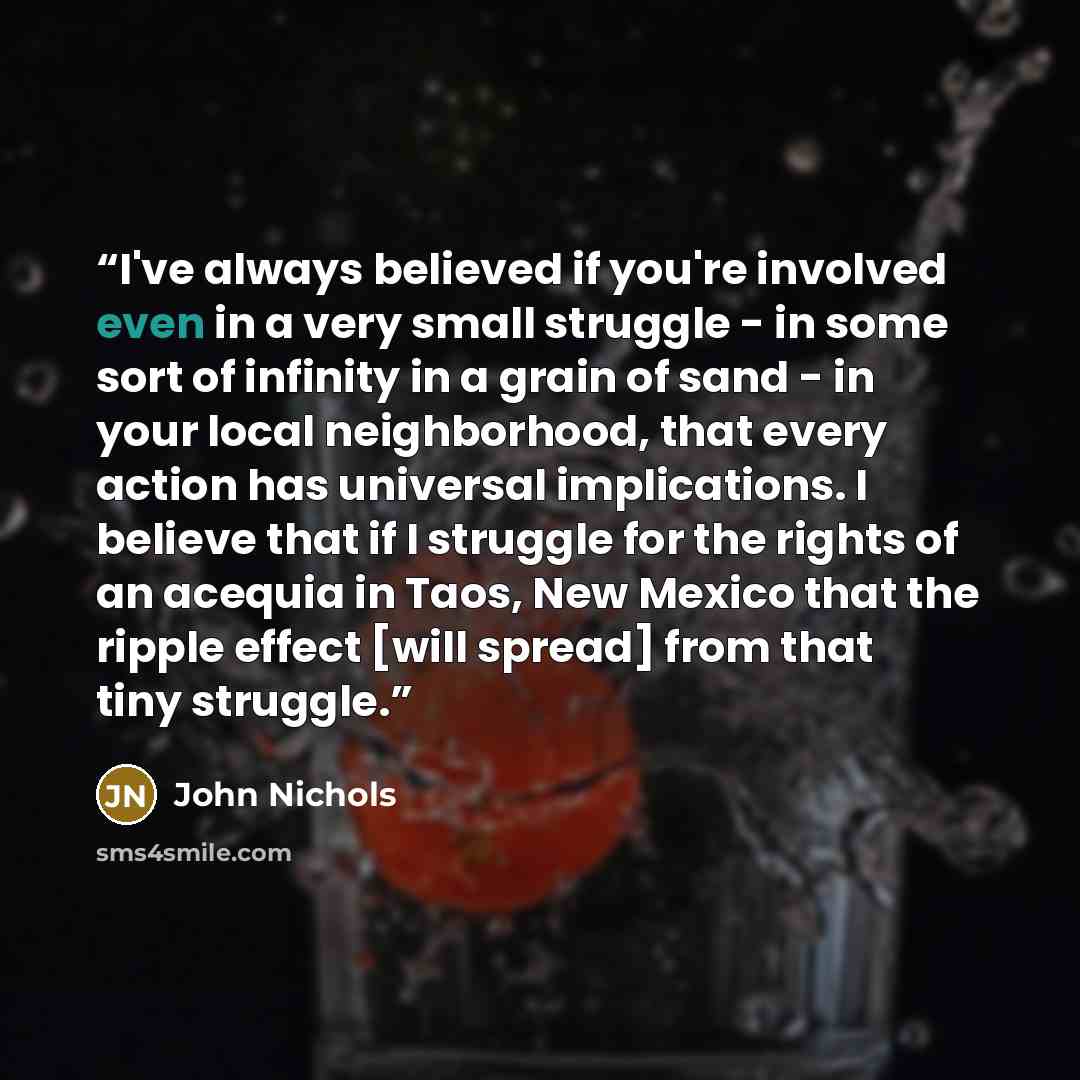 “I've always believed if you're involved even in a very small struggle - in some sort of infinity in a grain of sand - in your local neighborhood, that every action has universal implications. I believe that if I struggle for the rights of an acequia in Taos, New Mexico that the ripple effect [will…” quote by John Nichols