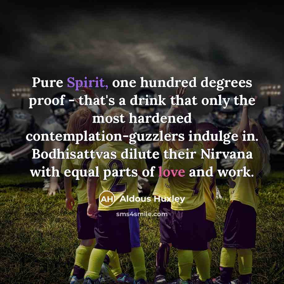“Pure Spirit, one hundred degrees proof - that's a drink that only the most hardened contemplation-guzzlers indulge in. Bodhisattvas dilute their Nirvana with equal parts of love and work.” quote by Aldous Huxley