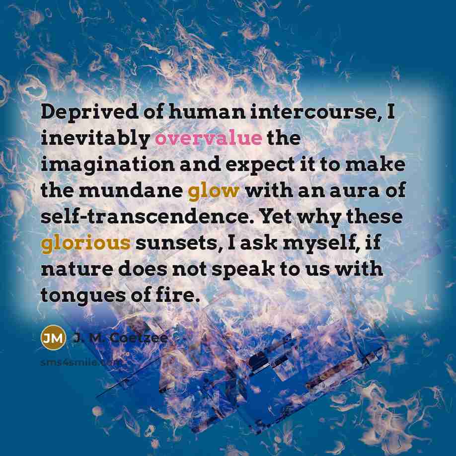 “Deprived of human intercourse, I inevitably overvalue the imagination and expect it to make the mundane glow with an aura of self-transcendence. Yet why these glorious sunsets, I ask myself, if nature does not speak to us with tongues of fire.” quote by J. M. Coetzee