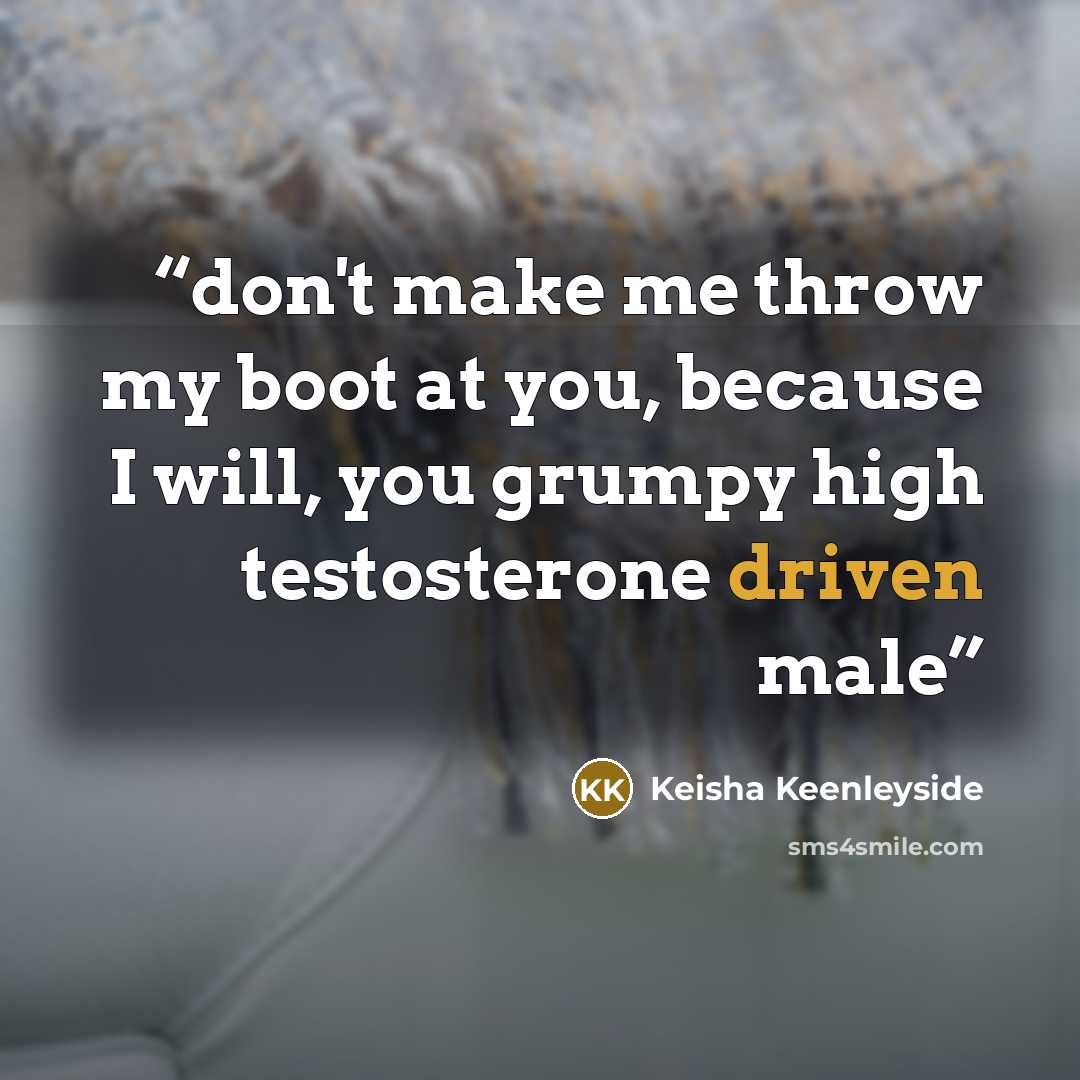 “don't make me throw my boot at you, because I will, you grumpy high testosterone driven male” quote by Keisha Keenleyside
