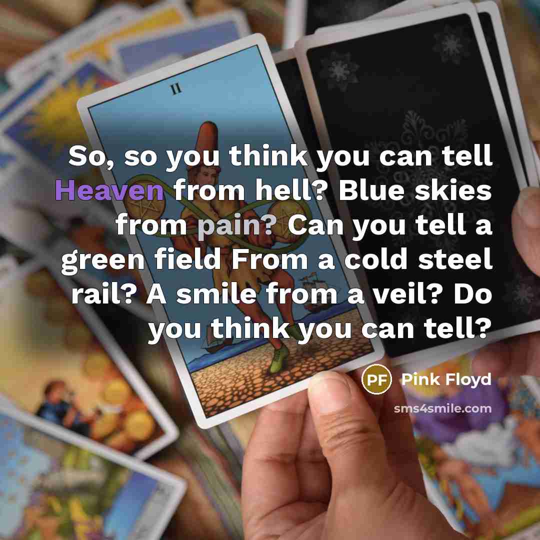 “So, so you think you can tell Heaven from hell? Blue skies from pain? Can you tell a green field From a cold steel rail? A smile from a veil? Do you think you can tell?” quote by Pink Floyd
