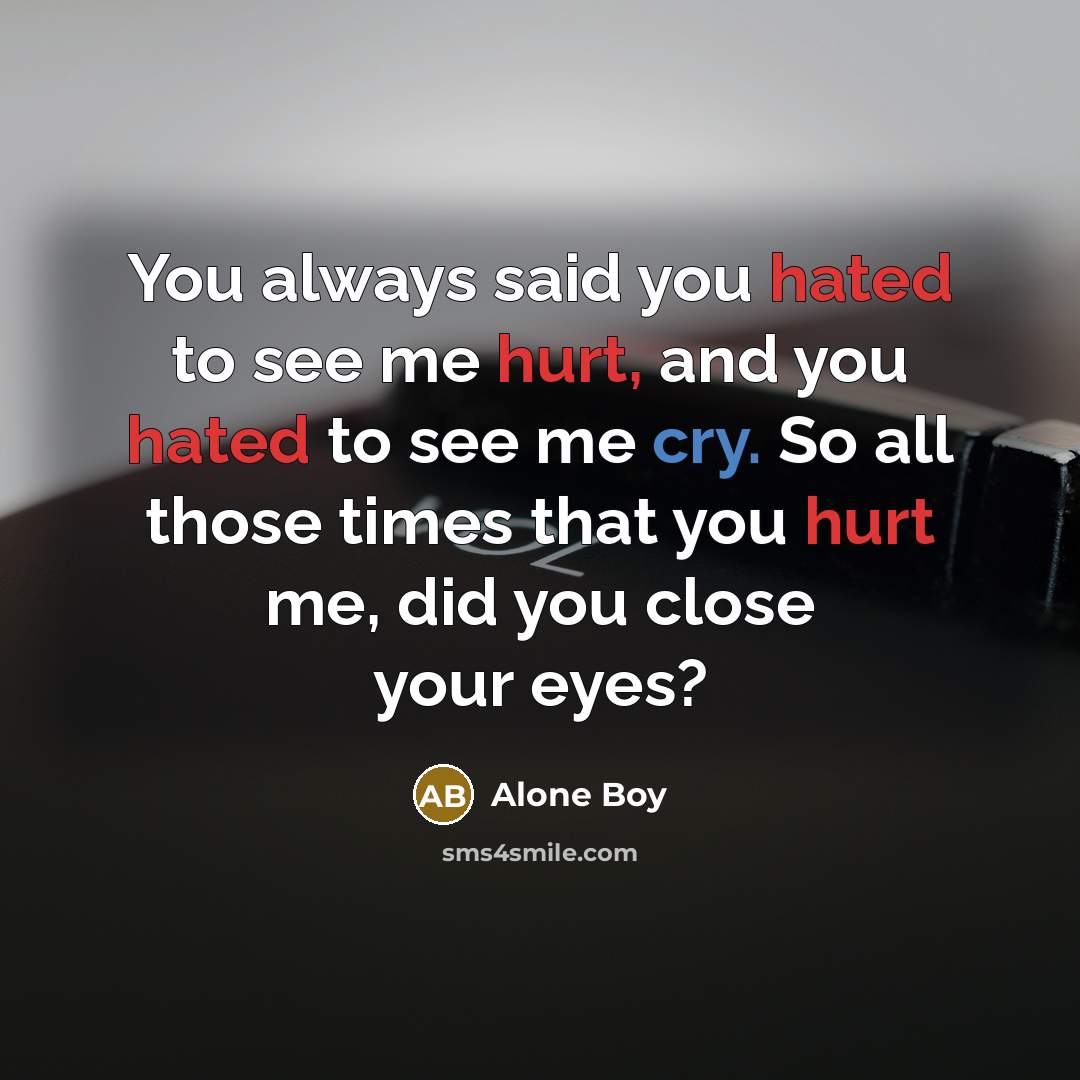“You always said you hated to see me hurt, and you hated to see me cry. So all those times that you hurt me, did you close your eyes?” quote by Alone Boy