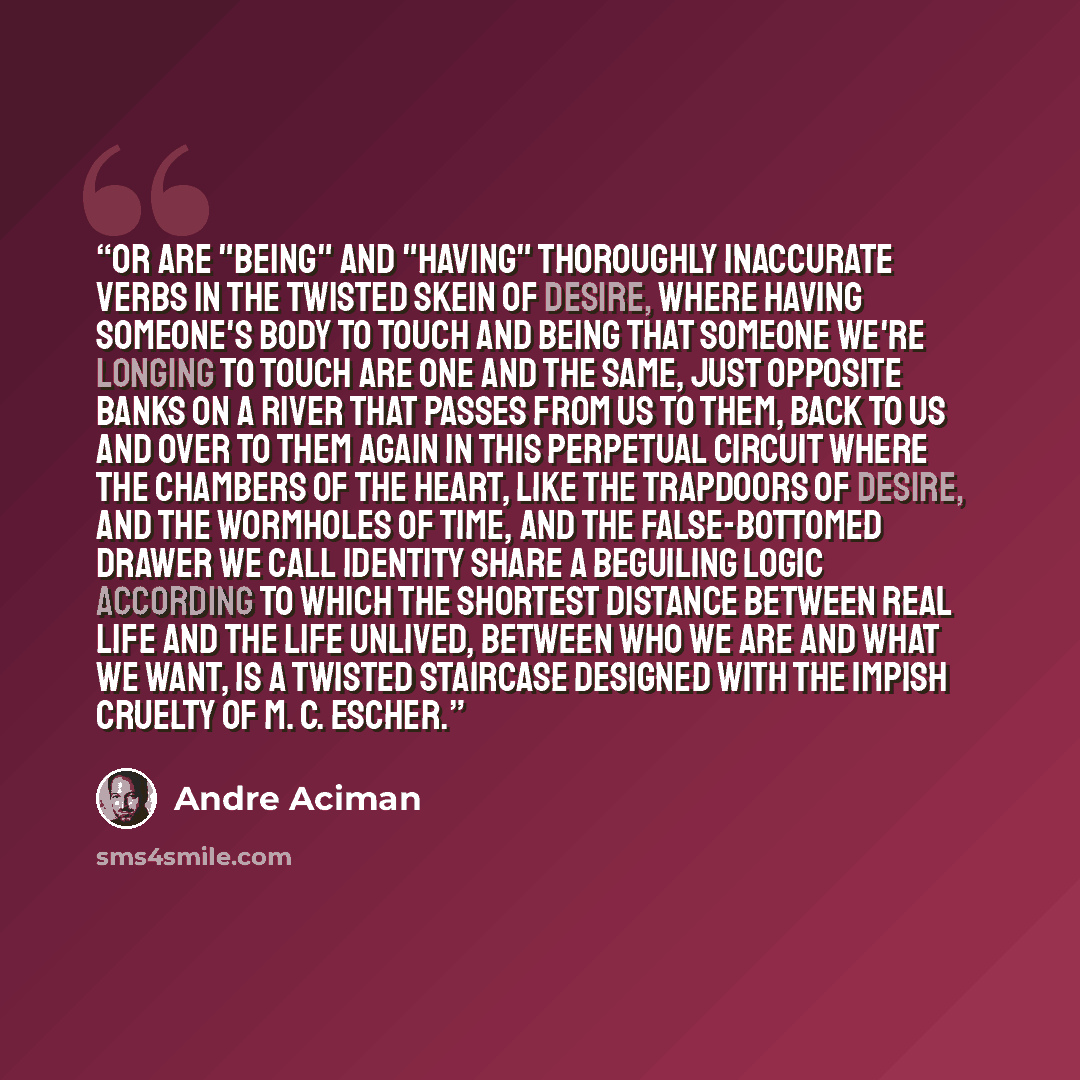 “Or are "being" and "having" thoroughly inaccurate verbs in the twisted skein of desire, where having someone's body to touch and being that someone we're longing to touch are one and the same, just opposite banks on a river that passes from us to them, back to us and over to them again in this…” quote by André Aciman