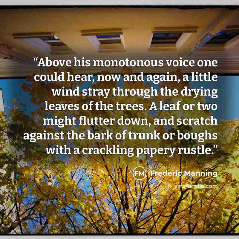 “Above his monotonous voice one could hear, now and again, a little wind stray through the drying leaves of the trees. A leaf or two might flutter down, and scratch against the bark of trunk or boughs with a crackling papery rustle.” quote by Frederic Manning