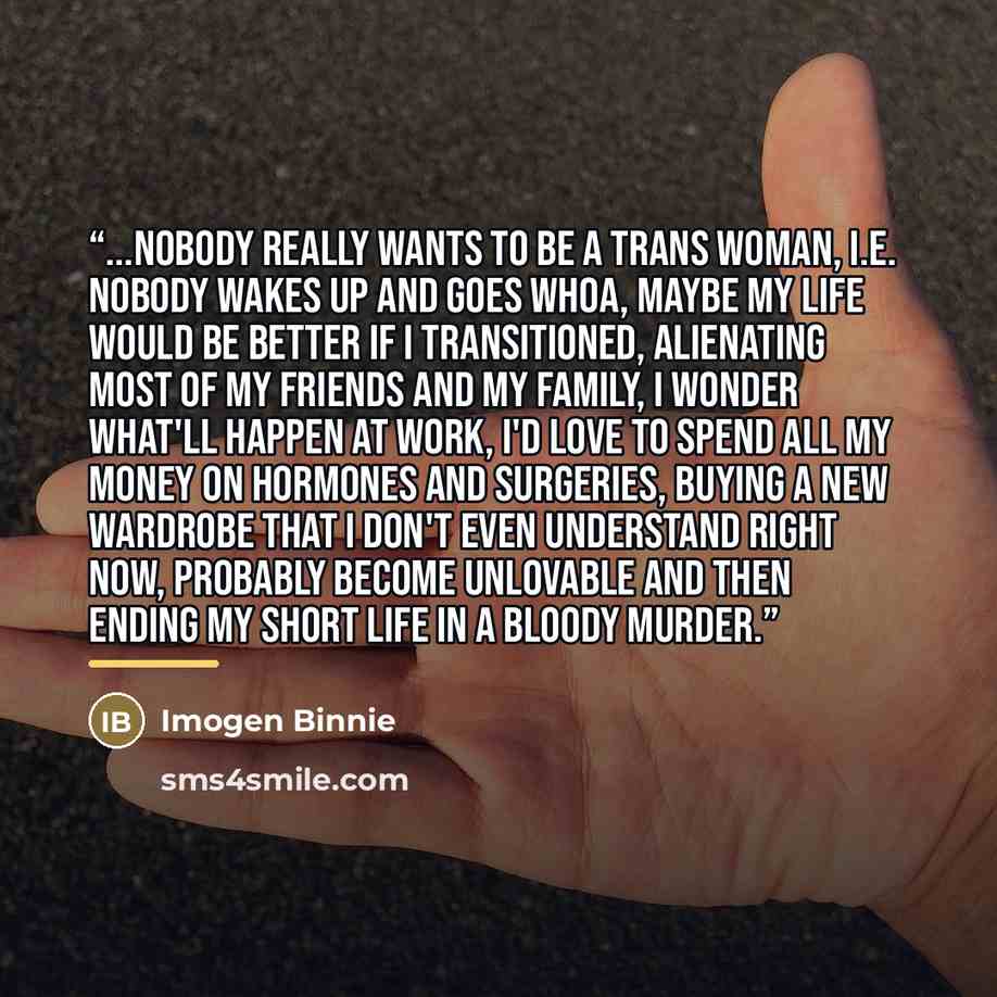 “...nobody really wants to be a trans woman, i.e. nobody wakes up and goes whoa, maybe my life would be better if I transitioned, alienating most of my friends and my family, I wonder what'll happen at work, I'd love to spend all my money on hormones and surgeries, buying a new wardrobe that I…” quote by Imogen Binnie