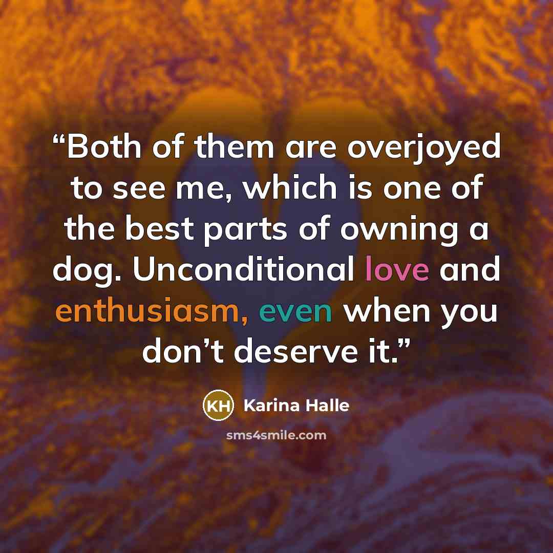 “Both of them are overjoyed to see me, which is one of the best parts of owning a dog. Unconditional love and enthusiasm, even when you don’t deserve it.” quote by Karina Halle