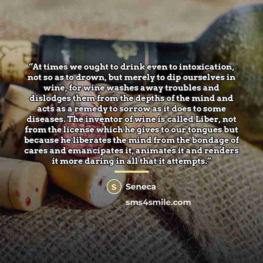 “At times we ought to drink even to intoxication, not so as to drown, but merely to dip ourselves in wine, for wine washes away troubles and dislodges them from the depths of the mind and acts as a remedy to sorrow as it does to some diseases. The inventor of wine is called Liber, not from the…” quote by Seneca