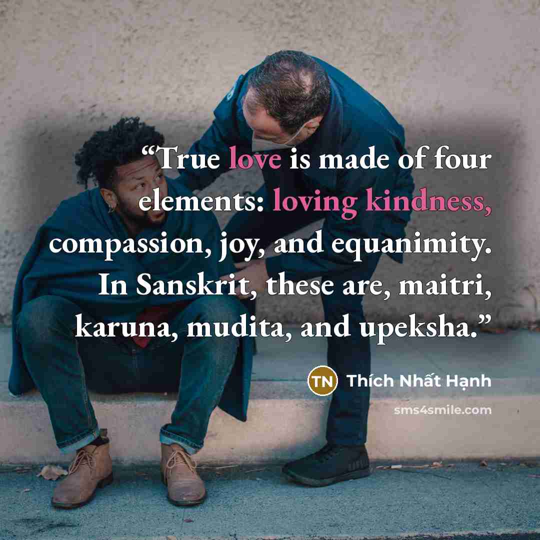 “True love is made of four elements: loving kindness, compassion, joy, and equanimity. In Sanskrit, these are, maitri, karuna, mudita, and upeksha.” quote by Thich Nhat Hanh
