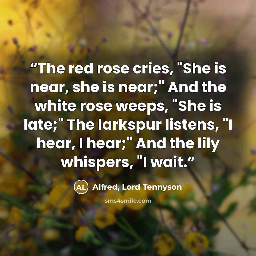 “The red rose cries, "She is near, she is near;" And the white rose weeps, "She is late;" The larkspur listens, "I hear, I hear;" And the lily whispers, "I wait.” quote by Alfred, Lord Tennyson