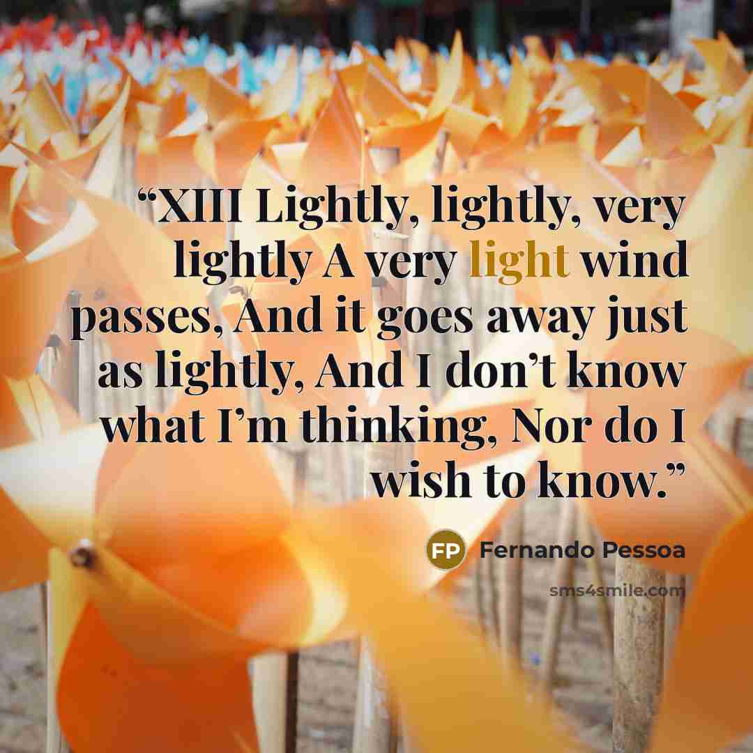 “XIII Lightly, lightly, very lightly A very light wind passes, And it goes away just as lightly, And I don’t know what I’m thinking, Nor do I wish to know.” quote by Fernando Pessoa