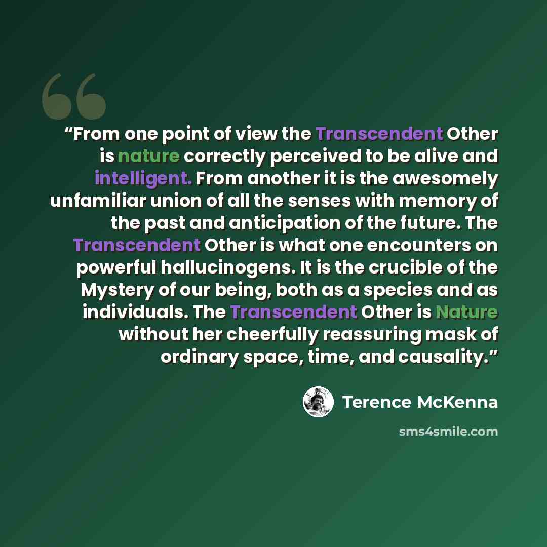“From one point of view the Transcendent Other is nature correctly perceived to be alive and intelligent. From another it is the awesomely unfamiliar union of all the senses with memory of the past and anticipation of the future. The Transcendent Other is what one encounters on powerful…” quote by Terence McKenna